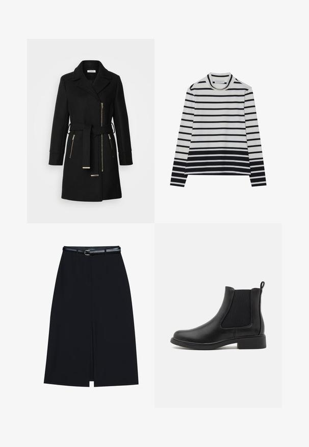 Manteau en mélange de laine noire avec un col à revers, une ceinture ajustable et des zips sur les côtés. Tissu texturé avec des accents en métal doré.; T-shirt à manches longues en coton, présentant des rayures horizontales noires et blanches, un col montant haut et une coupe décontractée avec des fentes sur les côtés.; Jupe noire à mi-cuisse avec une fente frontale, fabriquée en tissu lisse. Comprend une fine ceinture noire avec une boucle en argent et des passants.; Bottines Chelsea en cuir noir avec des panneaux latéraux élastiques, bout arrondi et un petit talon en bloc. Texture lisse et design minimaliste.