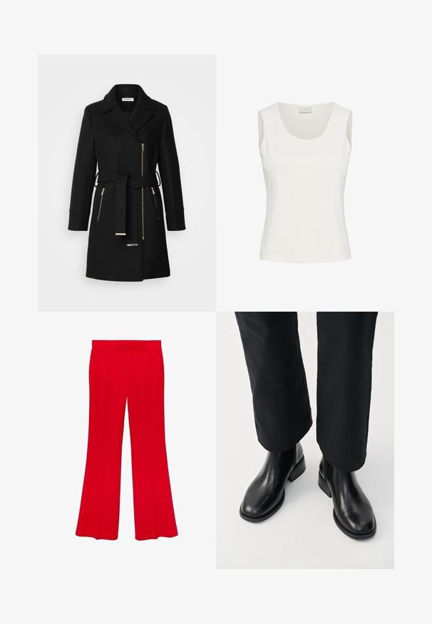 Black wool blend coat with a notched collar, adjustable belt, and side zippers. Textured fabric with gold-tone hardware accents.; Kaffe KAARINA JERSEY - Top - chalk; Red flared trousers made from a smooth fabric with a high waistband and two front pockets. The design features clean lines and a tailored fit.; Black leather chelsea boots with a smooth texture, rounded toe, and a low block heel, paired with black pants.