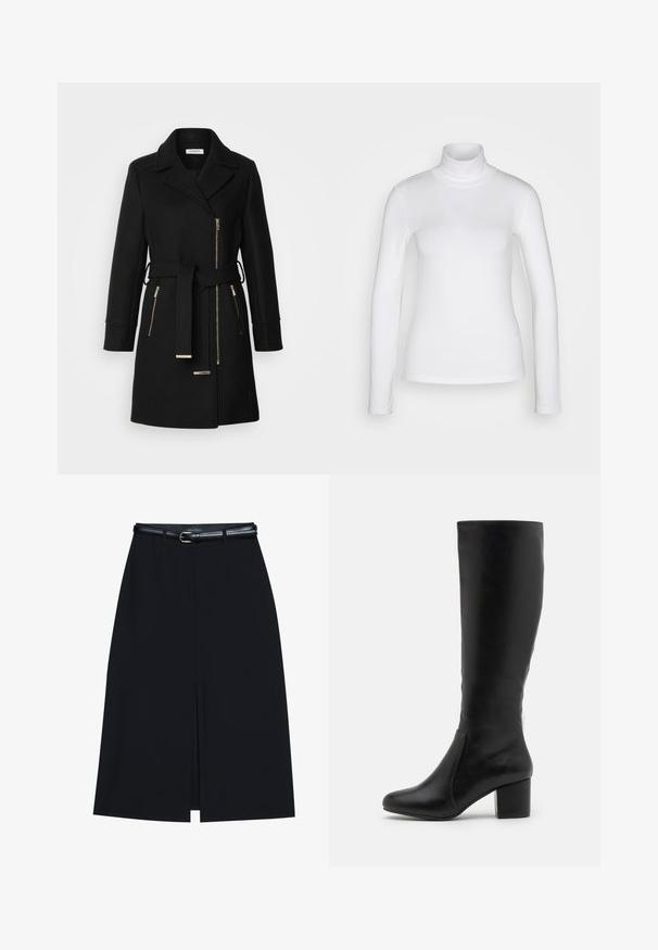 Zwarte wollen mix jas met een notch-kraag, verstelbare riem en zijritsen. Getextureerde stof met accenten in goudkleurig metaal.; Witte langemouwen turtle neck shirt van een soepel, rekbaar stof. Heeft een strakke pasvorm en een hoge kraag. Geen zichtbare patronen of accenten.; Zwarte knie-lange rok met een vooraanstaande split, gemaakt van gladde stof. Heeft een dunne zwarte riem met een zilveren gesp en riemlussen.; Knielange zwarte leren laarzen met een gladde textuur, ronde neus, zijpaneel en een chunky blokhak.