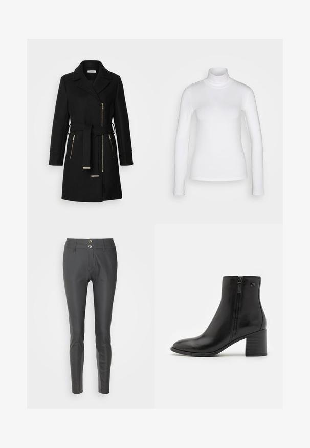 Manteau en mélange de laine noire avec un col à revers, une ceinture ajustable et des zips sur les côtés. Tissu texturé avec des accents en métal doré.; Chemise à col roulé blanc à manches longues en tissu lisse et extensible. Offre une coupe ajustée et un col haut. Pas de motifs ni d'accents visibles.; Pantalon ajusté noir en tissu lisse, doté de deux boutons argentés à la taille et d'accents latéraux en matériau contrasté.; Bottines noires en cuir lisse avec une fermeture éclair sur le côté. Présentent un bout pointu et un talon bloc texturé pour plus de stabilité.