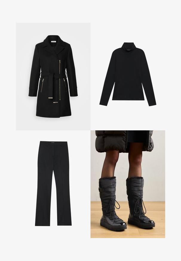 Sort uldblandingsfrakke med klippet krave, justerbart bælte og sidelommer med lynlås. Teksturstof med hardware i guldfarve.; Sort turtleneck med lange ærmer. Blødt stof, tætsiddende design, høj krave og sidesøm. Simpel og alsidig stil, der er velegnet til lag-på-lag.; Sorte bukser med lige snit, glat stof og uden synlige mønstre. Designet med klassiske forlommer og lynlås.; Knæhøje sorte pufferstøvler med fake fur kant, skinnende vandtæt overdel, tekstureret sål og justerbar snøre detaljer.