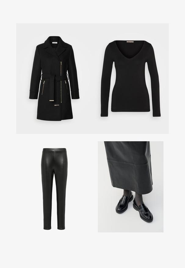 Manteau en mélange de laine noire avec un col à revers, une ceinture ajustable et des zips sur les côtés. Tissu texturé avec des accents en métal doré.; T-shirt noir à manches longues et col en V, en tissu doux et extensible. Présente une silhouette ajustée et un ourlet net, sans embellissements supplémentaires.; Legging en cuir noir au design ajusté, texture lisse et taille haute. Les jambes s'effilent jusqu'à la cheville, sans quincaillerie visible.; Mocassins en cuir noir avec une finition lisse, ornés d'une bande décorative, à bout rond et avec une semelle texturée. Portés avec une longue jupe en cuir noir.