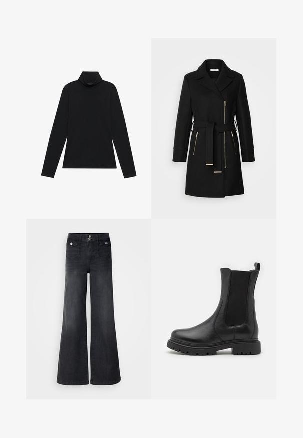Zwarte wollen mix jas met een notch-kraag, verstelbare riem en zijritsen. Getextureerde stof met accenten in goudkleurig metaal.; Zwarte langetermijn turtleneck. Zachte stof, getailleerd design, hoge kraag en zijnaad. Eenvoudige en veelzijdige stijl die geschikt is voor het laagjes dragen.; Zwarte denim wijd uitlopende jeans met een hoge taille, voorste knopen en twee voorzakken; soepele textuur met een lichte vervaging.; Zwarte leren enkellaarsjes met elastische zijkanten, een ronde neus en een robuuste zool met uitgesproken profielgroeven.