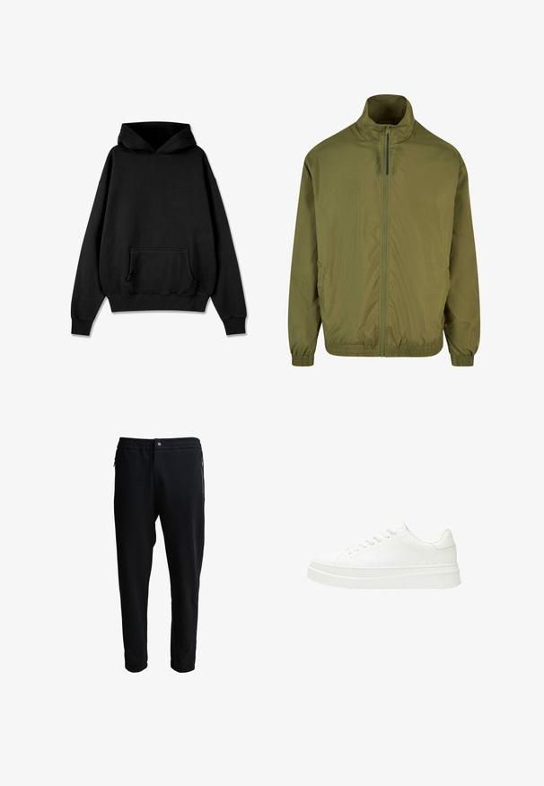 Olivengrøn bomberjakke med høj krave, frontlynlås og elastiske manchetter. Lavet af let, glat materiale; har sidelommer.; Pegador LOGO OVERSIZED - Hættetrøje - vintage black black; Sorte joggerbukser med elastisk talje, sidelommer med lynlås og tætsiddende ben. Fremstillet af blødt stof med en glat overflade.; Hvid sneaker med en glat læderoverdel, flade snørebånd og en tyk gummisål. Minimalistisk design med diskret syning og glatte detaljer.