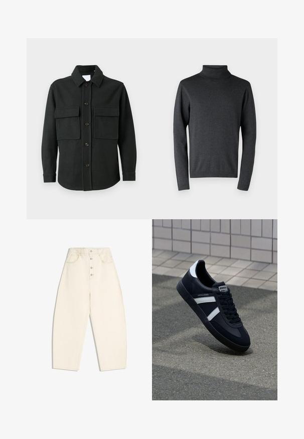 Only & Sons ONSKANE SHACKET - Veste légère - dark grey; Pull à col roulé gris foncé en matériau doux, doté de manches longues et de bords côtelés aux poignets et à l'ourlet, avec une texture lisse et uniforme.; Pantalon crème taille haute, jambes larges, fermeture à boutons à l'avant, avec poches latérales et arrière, sur fond blanc.; Sneaker en cuir noir avec des rayures blanches, semelle en caoutchouc texturée et devant à lacets. Présente une étiquette de marque sur la languette.