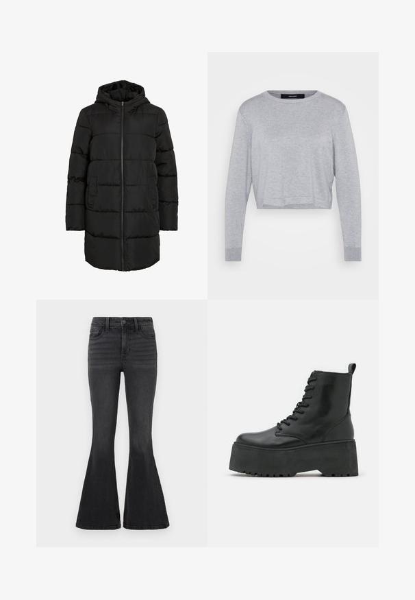 Sort polstret jakke med hætte, lynlås foran og sidelommer. Glat tekstur med vandret quiltet mønster.; Lys grå cropped sweater med rund hals, lange ærmer, ribbede manchetter og en blød, tekstureret finish.; Sorte flared jeans i denim med ensfarvet design, der har et standard liv, fem lommer og diskrete syninger foran.; Sorte ankelstøvler med en kraftig platformssål, lavet af glat læder, med snørebåndsdesign og en træktab bagpå.