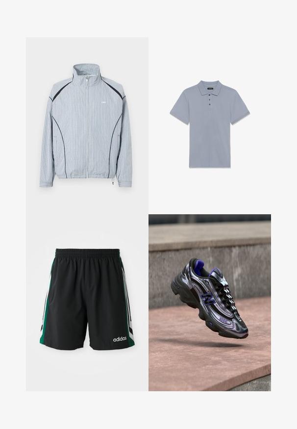 Leichte Reißverschlussjacke mit blau-weißem Karo-Muster, Stehkragen, elastischen Bündchen und seitlichen Taschen mit schwarzen Akzenten.; Hellblaues Poloshirt mit kurzen Ärmeln, drei Knöpfen und einem klassischen Kragen, vor weißem Hintergrund präsentiert.; Schwarze Sportshorts mit elastischem Bund, ausgestattet mit grünen und weißen Seitestreifen sowie dem weißen "adidas"-Logo auf der Vorderseite.; Schwarzer und lila New Balance 1000 Sneaker in der Luft über einer Betonfläche mit unscharfem Steinmauer-Hintergrund.