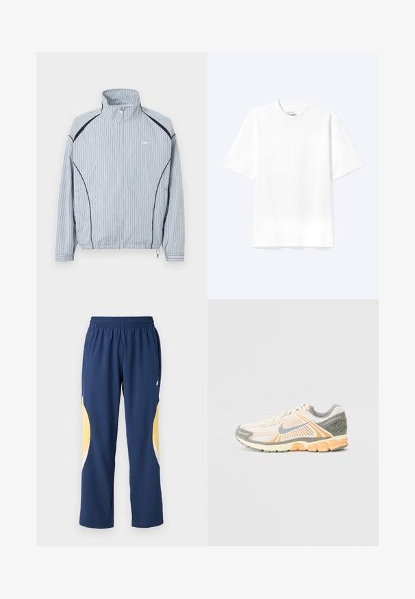 Chaqueta ligera con cremallera, patrón de cuadros azul y blanco, cuello alto, puños elásticos y bolsillos laterales con detalles en negro.; Camiseta lisa blanca de manga corta y cuello redondo con un corte relajado, mostrada sobre un fondo claro.; Pantalones deportivos azul marino con una cinturilla elástica. Presentan acentos curvados en amarillo y blanco a los lados. Tejido suave y liso.; Zapatilla de running ligera en color crema y naranja, con parte superior de malla, cuello acolchado y detalles en gris texturizados en el talón y la suela.