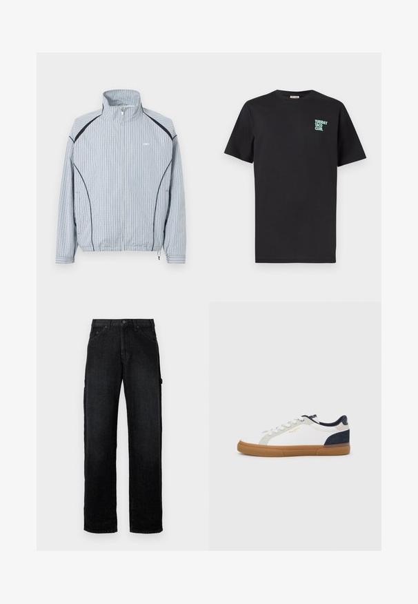 Leichte Reißverschlussjacke mit blau-weißem Karo-Muster, Stehkragen, elastischen Bündchen und seitlichen Taschen mit schwarzen Akzenten.; Schwarzes T-Shirt mit kurzen Ärmeln und Rundhalsausschnitt, mit kleinem hellblauem Schriftzug "TUESDAY TACO CLUB." auf der oberen linken Brustseite.; Schwarze Denim-Jeans mit geradem Bein, ausgestattet mit Fronttaschen, Knopfschluss und seitlichen Taschen für zusätzlichen Stauraum.; Weiße Leinensneaker mit marineblauen und grauen Wildlederakzenten. Verfügt über eine Sohle aus Gummireifen, eine abgerundete Spitze und ein klassisches Schnürdesign.