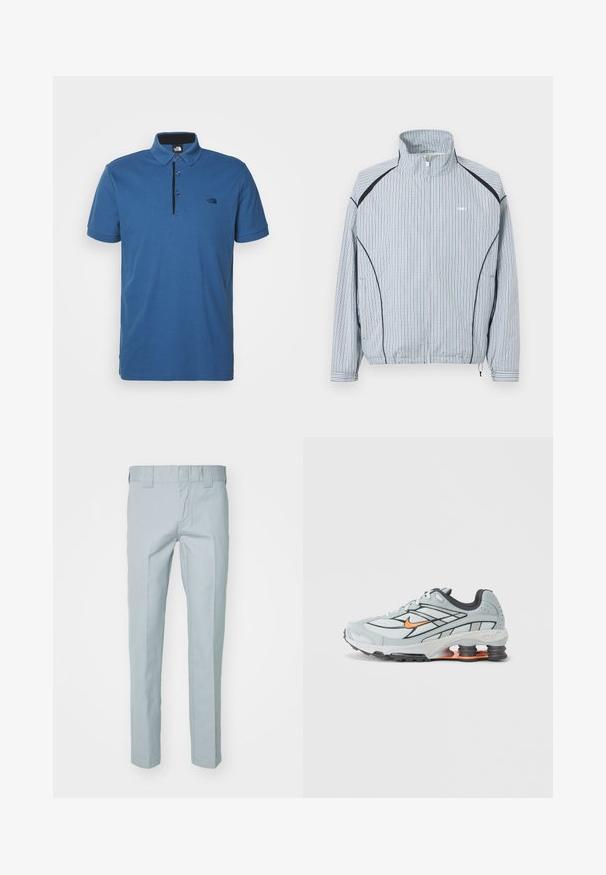 Veste légère à fermeture éclair, motif à carreaux bleu et blanc, col montant, poignets élastiques et poches latérales avec accents noirs.; Polo bleu en coton, avec un col noir et une patte de boutonnage à trois boutons, et un petit logo sur la poitrine gauche. Manches courtes.; Pantalons bleu clair à coupe droite en tissu tissé. Présente un devant plat et des passants de ceinture. Aucun motif ni accent visible.; Chaussure de course gris clair avec accents noirs, logo orange, tige en mesh, col rembourré et semelle en caoutchouc avec unités d'absorption des chocs visibles.