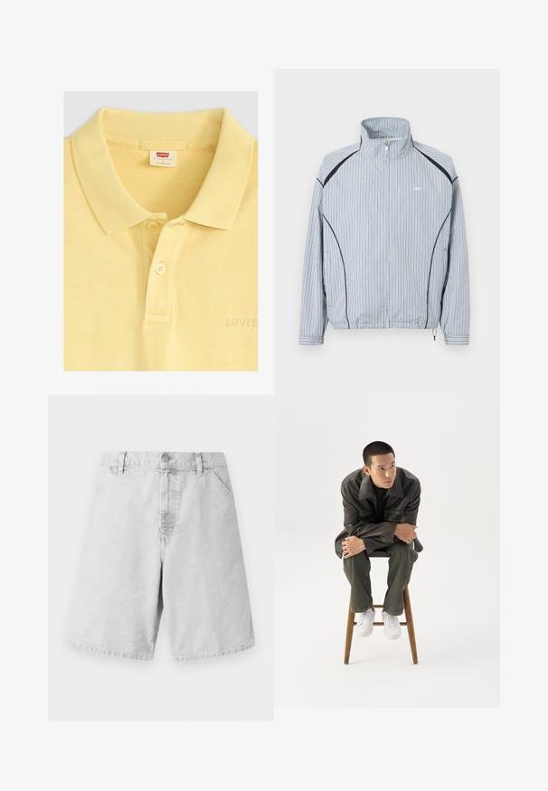 Lichtgewicht jack met ritssluiting, blauw-wit ruitpatroon, opstaande kraag, elastische manchetten en zijzakken met zwarte accenten.; Levi's® Poloshirt - acacius stripe egret; Lichtgrijze katoenen shorts met een klassieke snit, voorzien van een ritssluiting, riemlussen en zijzakken. Gladde textuur met een eenvoudig ontwerp.; Jonge man in een donkere leren jas en spijkerbroek zit op een houten kruk, leunt naar voren met gekruiste armen en kijkt naar de zijkant tegen een witte achtergrond.
