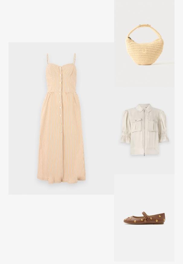 Blouse écrue à manches courtes avec un col, fermeture éclair sur le devant, deux poches à boutons et fronces aux bords des manches. Tissu lisse.; Robe à bretelles en orange clair et blanc avec des rayures verticales, présentant un corsage ajusté, une fermeture à boutons et une jupe midi évasée.; Ballerine Mary Jane en cuir marron à semelle plate, clous dorés, bride réglable avec boucle et petit charm rond en métal sur le côté.; Sac à main beige tissé avec corps arrondi, fermeture éclair et une sangle courte et épaisse dans un style crochet simple et texturé.
