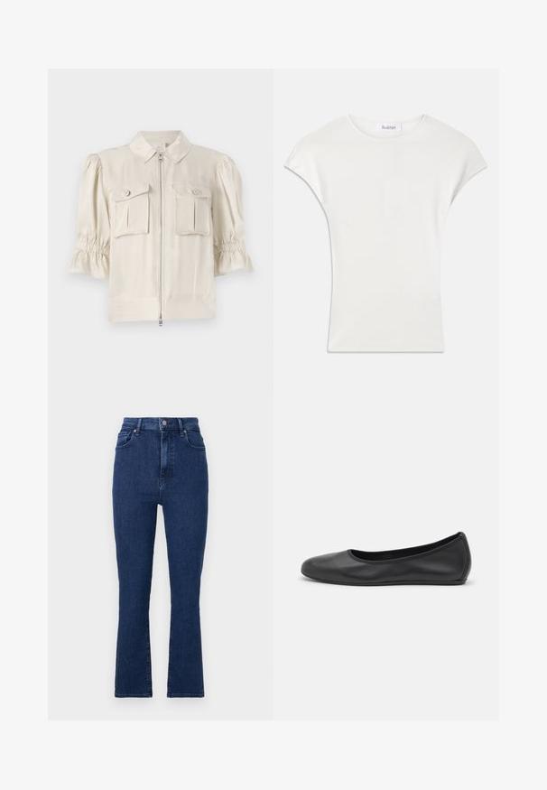 Crème-kleurige blouse met korte mouwen en een kraag, ritssluiting aan de voorkant, twee knoopzakken en geraffineerde details aan de mouwranden. Glad materiaal.; Witte shirt met korte mouwen, gemaakt van zachte, geribbelde stof. Crew halslijn; losse pasvorm met lichte kapmouwen. Merkenlabel zichtbaar bij de halslijn.; Donkerblauwe hoge taille jeans van denim stof met een rechte pijp, voorzien van frontzakken en een sluiting met metalen knoop.; Zwarte leren ballerina met een ronde neus, gladde textuur, minimale stikdetails en een flexibele zoolontwerp.