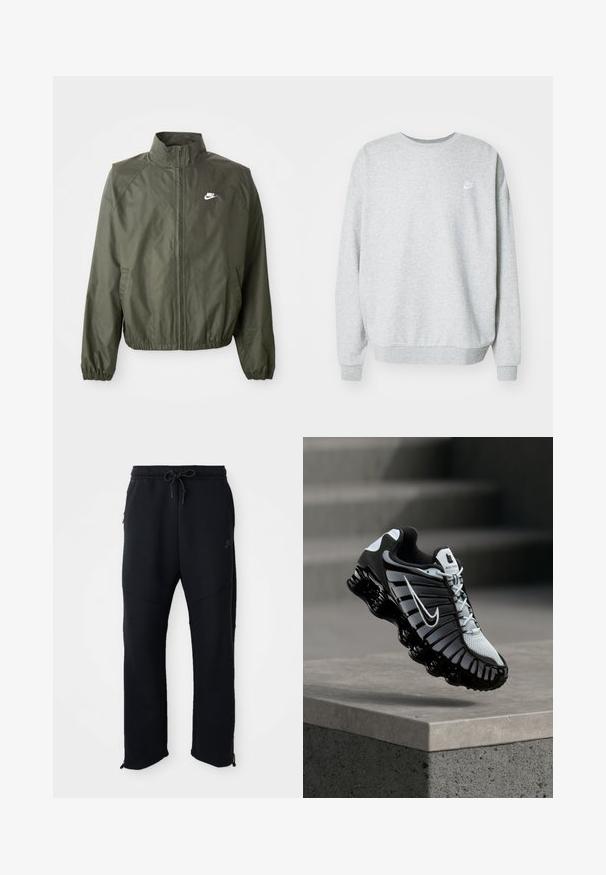 Chaqueta Nike de color verde oliva con cuello alto, cierre con cremallera en la parte delantera, puños elásticos y un pequeño logo blanco en el lado izquierdo del pecho. Ligera, con una textura suave.; Sudadera gris hecha de una mezcla de algodón, con un cuello redondo, hombros caídos y un pequeño logo blanco en el pecho.; Pantalones deportivos negros con cinturilla elástica y cordón, con bolsillos laterales, piernas ajustadas y cremalleras en los tobillos. Textura suave.; Zapato de correr Nike en blanco y negro suspendido sobre una superficie de concreto con un fondo de piedra escalonada.