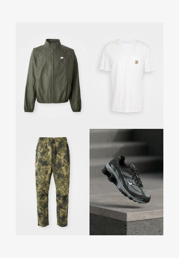 Olivovo zelená bunda Nike s vysokým golierom, predným zipsom, elastickými manžetami a malým bielym logom na ľavej hrudi. Ľahká, hladká textúra.; Biele bavlnené tričko s krátkymi rukávmi, vreckom na hrudi a malou štvorcovou nášivkou v oranžovej a bielej farbe na vrecku.; Kárované nohavice v rôznych odtieňoch zelenej farby s digitálnym vzorom. Vybavené elastickým pásom, šnúrkou na stiahnutie a bočnými vreckami so zipsom.; Šedá a čierna športová teniska s panelmi z sieťoviny a hrubou podrážkou, umiestnená vo vzduchu nad betónovým obrubníkom a schodmi v pozadí.