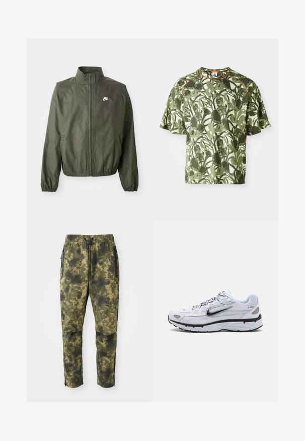 Olivgrüne Nike-Jacke mit hohem Kragen, Reißverschluss vorne, elastischen Bündchen und kleinem weißen Logo auf der linken Brust. Leicht und mit glatter Textur.; Grünes kurzärmliges T-Shirt mit einem strukturierten Blättermuster, das einen orangefarbenen Akzent am Kragen und eine lockere Passform aufweist. Hergestellt aus atmungsaktivem Material.; Tarnhosen in verschiedenen Grüntönen mit einem digitalen Muster. Sie verfügen über einen elastischen Bund, einen Kordelzug und seitliche, mit Reißverschluss ausgestattete Taschen.; Weißer Laufschuh mit Obermaterial aus Mesh, abgerundetem Zeh, schwarzen Akzenten und gemusterter Sohle. Verfügt über Schnürung und Branding an der Seite.