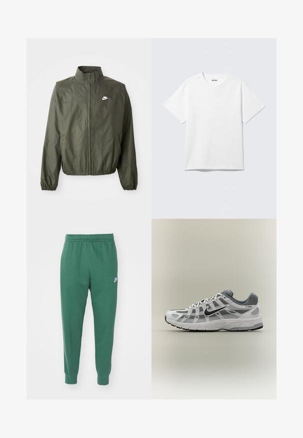 Chaqueta Nike de color verde oliva con cuello alto, cierre con cremallera en la parte delantera, puños elásticos y un pequeño logo blanco en el lado izquierdo del pecho. Ligera, con una textura suave.; Camiseta blanca de manga corta con cuello redondo, colocada plana, diseño liso, con etiqueta "WEEKDAY" en el interior del cuello sobre un fondo claro.; Nike Sportswear CLUB JGGR - Pantalones deportivos - fir/white; Zapatilla Nike P-6000 blanca y gris con swoosh negro, paneles de malla y suela texturizada, mostrada de perfil sobre un fondo neutro.