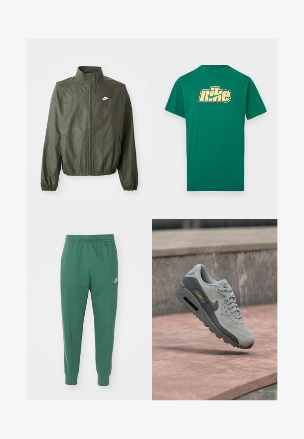 Olivengrøn Nike-jakke med høj krave, lynlås foran, elastiske manchetter og et lille hvidt logo på venstre bryst. Letvægts, glat tekstur.; Grøn T-shirt med korte ærmer, med et gult og hvidternet Nike-logo i midten af brystet mod en hvid baggrund.; Nike Sportswear CLUB JGGR - Træningsbukser - fir/white; Grå Nike Air Max sneakers med sort swoosh, mesh- og læderdetaljer, der svæver over en lyserød stensurface og en betonbaggrund.