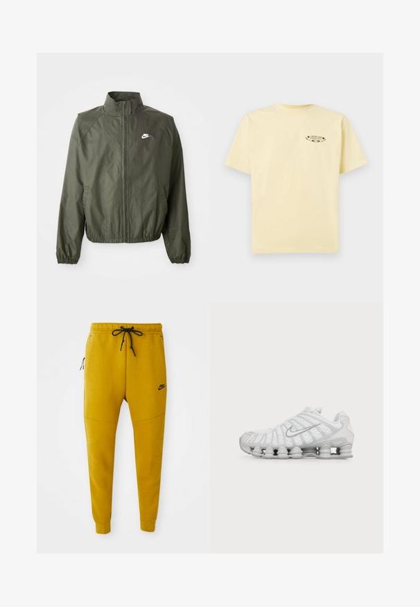 Olivovo zelená bunda Nike s vysokým golierom, predným zipsom, elastickými manžetami a malým bielym logom na ľavej hrudi. Ľahká, hladká textúra.; Žlté bavlnené tričko s krátkymi rukávmi a okrúhlym výstrihom, s potlačeným grafickým logom na ľavej hrudi.; Jogger Nike horčicovo žlté nohavice s čiernym šnúrkou, vreckom so zipsom na boku, rebrovanými manžetami a logom Nike na ľavom stehne.; Biela bežecká obuv Nike s viditeľnou vzduchom odpruženou podrážkou a strieborným logom Swoosh na boku, zobrazená z vonkajšej strany.