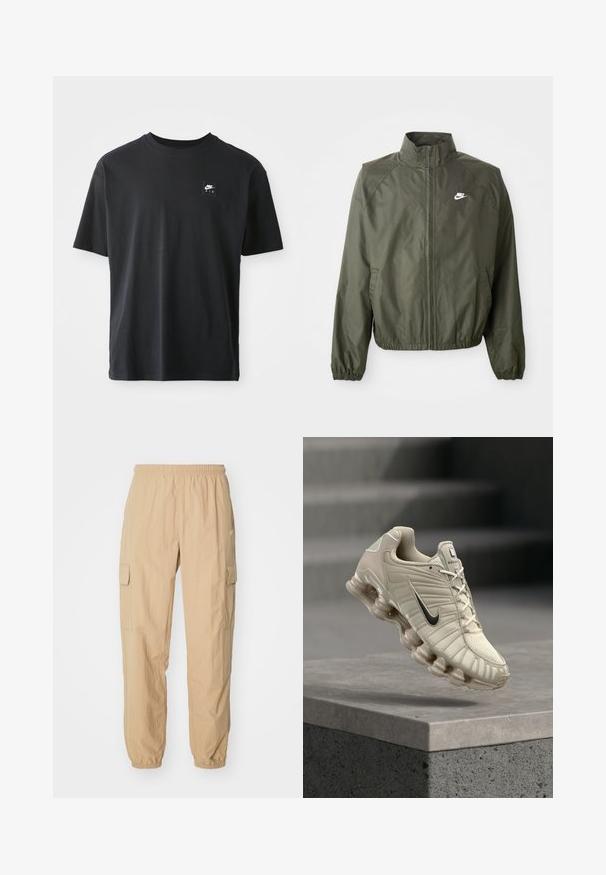 Olivgrüne Nike-Jacke mit hohem Kragen, Reißverschluss vorne, elastischen Bündchen und kleinem weißen Logo auf der linken Brust. Leicht und mit glatter Textur.; Schwarzes Baumwoll-T-Shirt mit kurzen Ärmeln und Rundhalsausschnitt, das ein kleines rechteckiges Logo mit "NIKE AIR" in Weiß auf der linken Brust zeigt.; Beige Cargo-Hosen aus leichtem Stoff, mit einem elastischen Bund, zwei Seitentaschen und elastischen Bündchen an den Knöcheln.; Beiger Nike-Laufschuh mit schwarzem Swoosh, atmungsaktivem Obermaterial und markanter segmentierter Sohle, über einer Betonplattform positioniert.