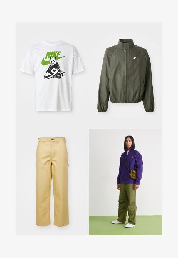 Olivengrøn Nike-jakke med høj krave, lynlås foran, elastiske manchetter og et lille hvidt logo på venstre bryst. Letvægts, glat tekstur.; Hvid bomulds t-shirt med et sort-hvidt panda grafik, der holder en Nike sneaker, med et grønt Nike-logo ovenfor.; Beige, vidde bukser lavet af bomuld med frontknaplukning, bæltestropper og sidelommer. Glat tekstur med synlige syninger.; Jordan AIR JORDAN 1 ZM CMFT 2 - Sneakers high - summit white/bicoastal/oxidized green
