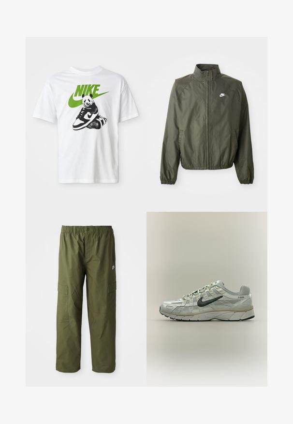 Olivovo zelená bunda Nike s vysokým golierom, predným zipsom, elastickými manžetami a malým bielym logom na ľavej hrudi. Ľahká, hladká textúra.; Biela bavlnená tričko s čierno-bielou grafikou pandy, ktorá drží tenisku Nike, s zeleným logom Nike hore.; Nike cargo nohavice v tmavej olivovej farbe, ktoré majú elastický pás, dve bočné vrecká a hladkú, ľahkú tkaninu.; Svetlosivý Nike P-6000 teniska s čiernym logom swoosh a detailným textúrovaným dizajnom, zobrazená z boku na jednofarebnom pozadí.