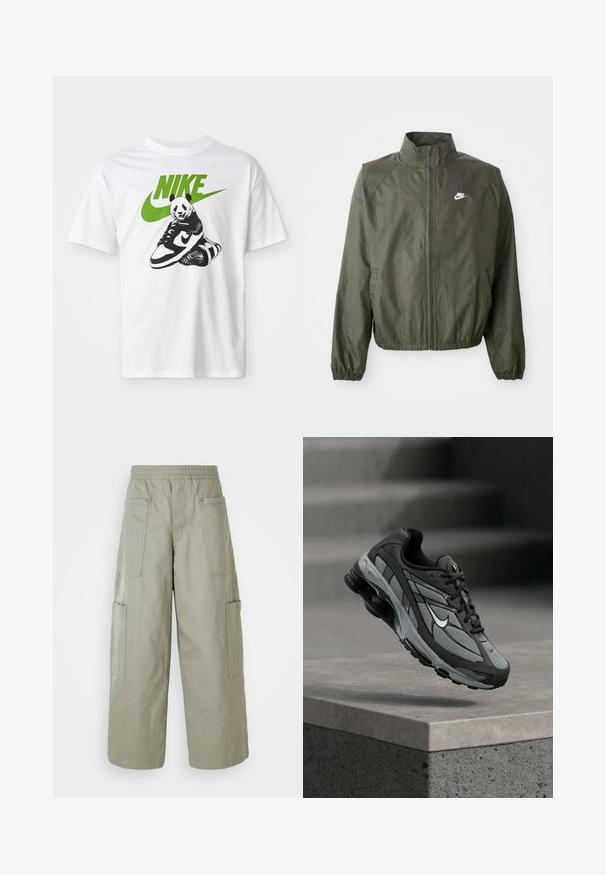Olivivärvi Nike'i jakk, mis on koos kõrge krae, lukuga esiosa, elastsete varrukate ja väikese valge logoga vasakul rindkere piirkonnas. Kerge, siledastest materjalidest.; Valge puuvillane T-särk, millel on must-valge panda graafika, kes hoiab Nike'i tossu, ning üleval on roheline Nike'i logo.; Laiad, oliivrohelised cargo-püksid elastse vöökohtadega, mitme tasku ja sileda tekstuuriga. Kokkuklapitav laius allääris.; Hall ja musta sportlik toss, millel on võrkmaterjalist paneelid ja paks tald, paigutatud õhus betoonist äärekivi ja treppide kohal taustal.