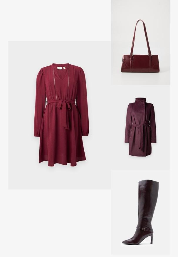 Bordeaux wollen jas met een hoge kraag, lange mouwen, strikceintuur en ritszakken aan de zijkant. Gladde textuur met een getailleerde pasvorm.; Bordeaux jurk met lange mouwen, V-hals, cinched taille en strikriem; heeft fijne stiksels rond de halslijn. Zachte stoftextuur.; Kastanjebruine leren laarzen tot de knie met een spitse neus, een stilettohak en een decoratieve gespsluiting rond de enkel. Glad van structuur.; Bourgondische handtas van glanzend materiaal, rechthoekige vorm, met twee schouderbanden en subtiele gebogen accenten aan de voorkant.