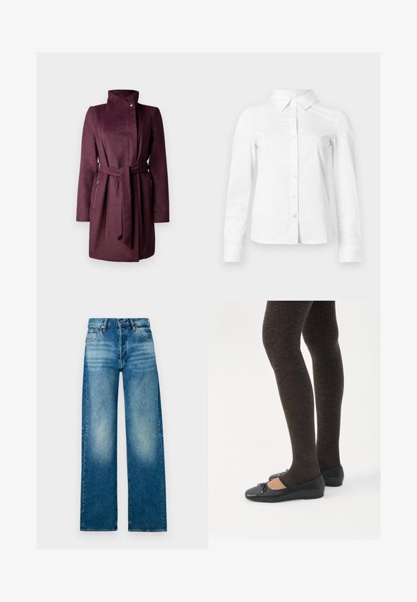 Bordeaux wollen jas met een hoge kraag, lange mouwen, strikceintuur en ritszakken aan de zijkant. Gladde textuur met een getailleerde pasvorm.; Witte blouse met lange mouwen en knopen, met puntige kraag, rechte zoom en aansluitende silhouet, weergegeven op een effen lichte achtergrond.; Lichtblauwe denimjeans met een hoge taille, wijde pijpen en een vervaagde afwerking. Voorzien van een klassiek five-pocket ontwerp en metalen knoopsluiting.; Benen met donkere geribbelde leggings gecombineerd met zwarte ballerina's met kleine strikdetails op een witte achtergrond.