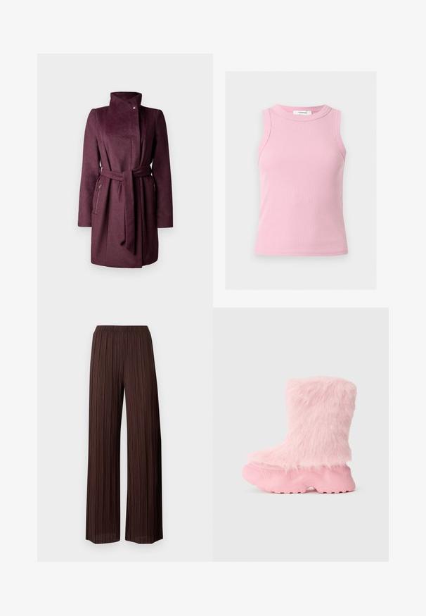 Manteau en laine bourgogne avec un col montant, des manches longues, une ceinture à nouer et des poches latérales zippées. Texture lisse avec une coupe ajustée.; Débardeur côtelé sans manches rose clair avec un col rond et une petite étiquette Topshop à l'intérieur du col.; Pantalon marron à jambes larges avec plis verticaux et taille élastique, présenté sur un fond blanc uni.; Botte rose épaisse avec une semelle texturée et une douce fausse fourrure moelleuse recouvrant toute la partie supérieure.