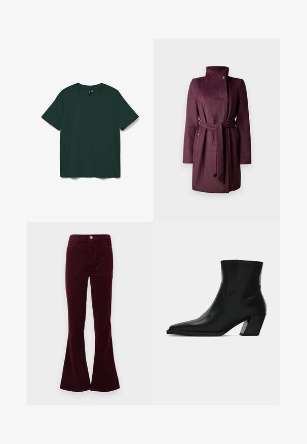 Bordeaux wollen jas met een hoge kraag, lange mouwen, strikceintuur en ritszakken aan de zijkant. Gladde textuur met een getailleerde pasvorm.; Donkergroene t-shirt met korte mouwen, gemaakt van zachte stof. Heeft een ronde halslijn en een eenvoudig, recht gesneden ontwerp. Geen patronen of versieringen.; Bordeaux corduroy hoge taillebroek met een knoop- en ritssluiting, voorzakken en uitlopende benen.; Zwarte leren enkelboot met een spitse neus, een slanke silhoeet en een chunky vierkante hak. Gladde textuur met minimale stikdetails.