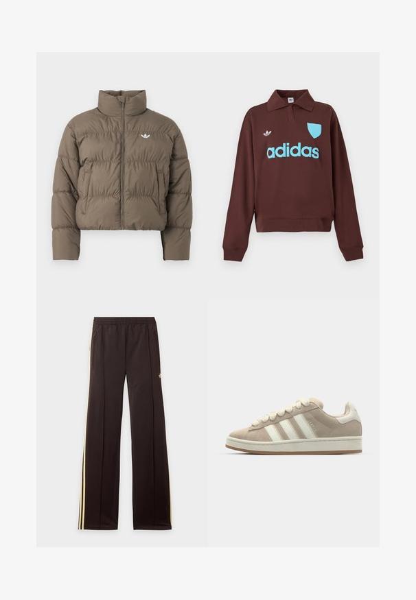 Chaqueta acolchada corta marrón con cuello alto, cremallera completa en la parte delantera, bolsillos laterales y pequeño logo blanco de Adidas en el pecho.; Sudadera marrón con cuello tipo polo, que presenta un logo de "adidas" en azul claro y un detalle de escudo, confeccionada en un tejido suave con un corte relajado.; Pantalones de chándal negros con rayas amarillas laterales, cintura elástica, bolsillos laterales con cremallera y un pequeño logo en el muslo superior.; Zapatillas de ante marrón con rayas y cordones de cuero blanco, suela de goma, cuello acolchado y detalles texturizados en la parte superior.