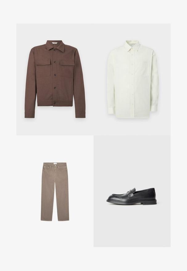 Veste marron à manches longues avec col pointu, fermeture par boutons à l'avant et deux poches à rabat sur la poitrine, sur un fond uni.; Chemise boutonnée vert clair en tissu texturé avec col, manches longues et une poche poitrine. Design classique avec des boutons à l'avant.; Jeans brun droit à jambe featuring un design à cinq poches, des accessoires en métal et une texture lisse. Le tissu présente un motif subtil et uniforme.; Mocassins en cuir noir avec une finition texturée, dotés d'une bride décorative à l'avant et d'un bout arrondi. Semelle en caoutchouc pour plus de durabilité.