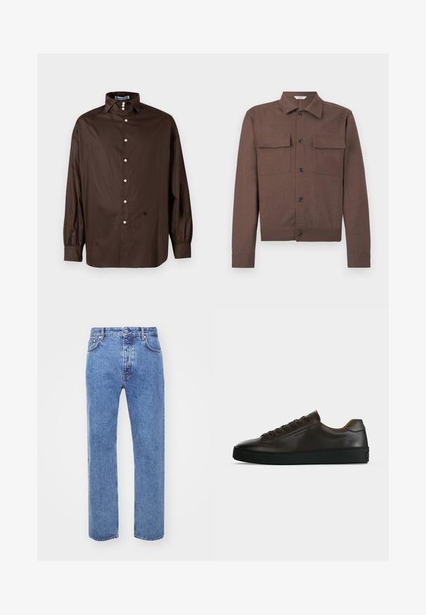 Bruine langarmige jas met puntige kraag, knoopsluiting aan de voorkant en twee borstflappenzakken op een effen achtergrond.; Bruine lange mouwen shirt van een gladde stof met een klassieke kraag, voor sluiting met knopen en elastische manchetten; heeft een subtiele logodetail.; Won Hundred STEVE - Relaxed fit jeans - cut blue; Low-profile donkerbruine leren sneaker met zwarte rubberen zool, veters aan de voorkant en een strak minimalistisch design op een lichte achtergrond.