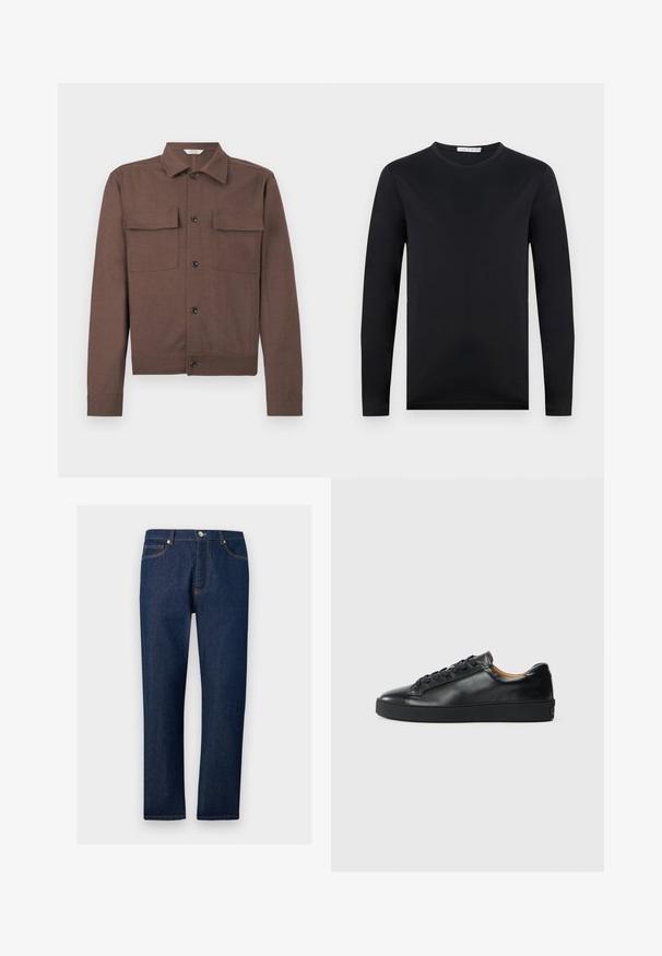 Veste marron à manches longues avec col pointu, fermeture par boutons à l'avant et deux poches à rabat sur la poitrine, sur un fond uni.; Chemise noire à manches longues avec col ras du cou et coupe slim, en tissu lisse, présentée sur un fond clair uni.; Jean droit en denim bleu foncé avec poches avant et arrière, passants pour ceinture et fermeture par bouton à la taille.; Baskets en cuir noir avec une texture lisse, bout rond et fermeture à lacets. Comprend une semelle en caoutchouc épaisse et un minimum de détails de marque.