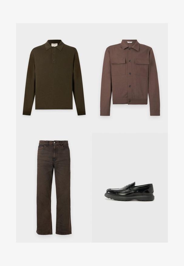 Veste marron à manches longues avec col pointu, fermeture par boutons à l'avant et deux poches à rabat sur la poitrine, sur un fond uni.; Polo manches longues vert foncé avec patte de boutonnage trois boutons et col classique, présenté à plat sur un fond clair.; Jean marron foncé droit avec poches avant, passants de ceinture et fermeture à boutons sur fond uni.; Mocassin en cuir noir avec une finition brillante, bout arrondi, détails de couture subtils et semelle en caoutchouc épaisse pour la durabilité.