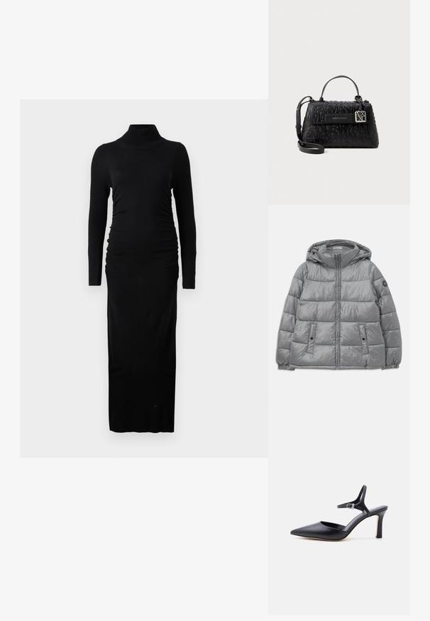 Veste grise rembourrée avec capuche, fermeture éclair à l'avant, deux poches latérales, poignets élastiques et un logo circulaire sur la manche gauche. Texture lisse et brillante.; Robe noire à manches longues avec col roulé côtelé, côtés froncés et silhouette maxi droite. Fabriquée en tissu doux et extensible.; Escarpin noir à bout pointu avec fine bride à la cheville et boucle argentée, finition en cuir lisse, chaussure élégante pour femme.; Sac à main noir en matériau texturé, portant un marquage en relief, avec une poignée supérieure et une bandoulière détachable avec des finitions en argent.