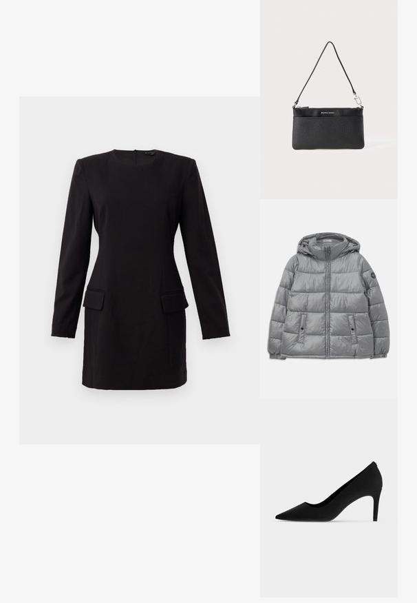Chaqueta gris acolchada con capucha, cierre frontal con cremallera, dos bolsillos laterales, puños elásticos y un logo circular en la manga izquierda. Textura suave y brillante.; Vestido negro de manga larga con escote redondo, dos bolsillos frontales y un corte ajustado, hecho de una tela suave con un diseño minimalista.; Zapato de tacón alto negro con punta en pico, tacón delgado y acabado mate suave, mostrado de perfil sobre un fondo blanco.; Muñequera de cuero negro, acabado texturizado, cierre de cremallera, herrajes en tono plateado, logo de la marca, correa ajustable. Forma compacta y rectangular.