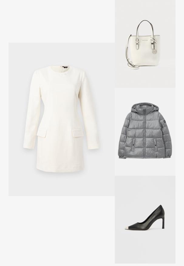 Gepolsterte graue Jacke mit Kapuze, Reißverschluss vorne, zwei seitlichen Taschen, elastischen Bündchen und einem runden Logo auf dem linken Ärmel. Glatte, glänzende Textur.; Weißes Langarmkleid mit rundem Halsausschnitt, taillierter Silhouette, zwei vorderen Taschen und einem dezent geprägten Logo am Hals. Sanfte Stofftextur.; Schwarzer Lederschuh mit hohem Absatz, spitz zulaufender Zehenpartie und metallischer silberner Spitze. Verfügt über eine glatte Oberfläche und einen schlanken 10 cm hohen Absatz.; Weiße Michael Kors Ledertasche mit zwei Henkeln, verstellbarem Schulterriemen und rundem Metallanhänger mit MK-Logo.