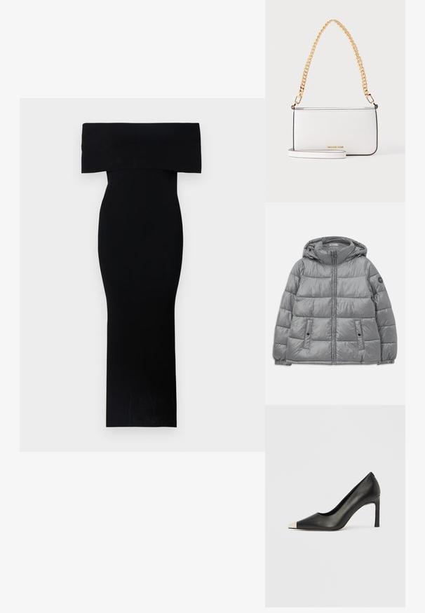 Veste grise rembourrée avec capuche, fermeture éclair à l'avant, deux poches latérales, poignets élastiques et un logo circulaire sur la manche gauche. Texture lisse et brillante.; Robe noire ajustée décolletée, réalisée en tissu extensible. Modèle longueur maxi avec une texture lisse et un minimalisme dans les détails.; Chaussure à talon haut en cuir noir avec bout pointu et capuchon argenté métallique. Présente une finition lisse et un talon fin de 10 cm.; Sac à main rectangulaire en cuir blanc avec une fine bordure noire, une anse chaîne dorée et un petit logo doré au centre avant.