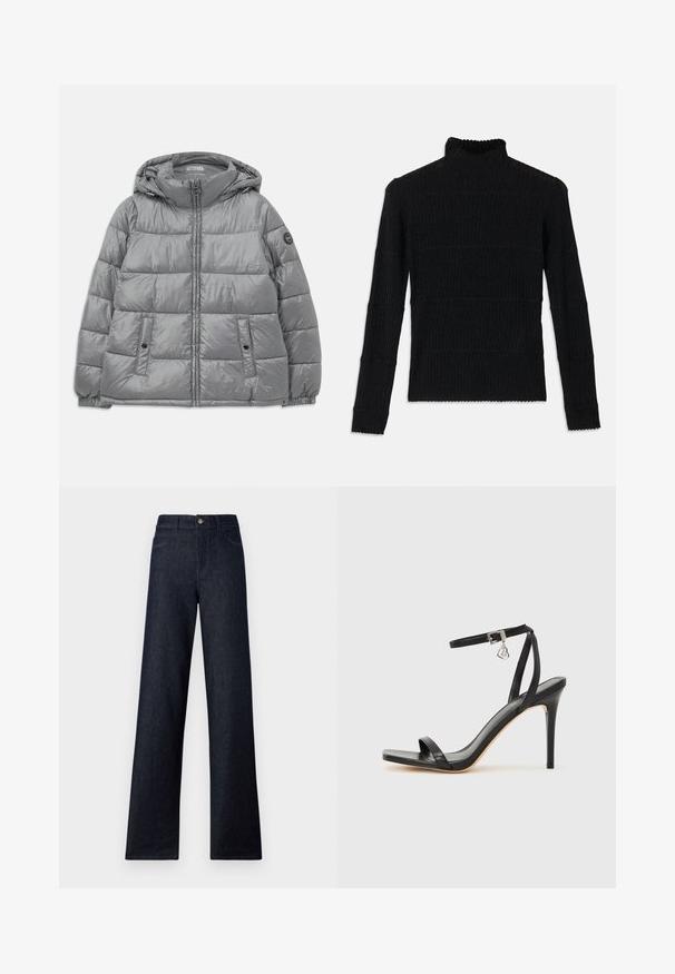 Pehme jahehall jakk kapuutsiga, lukuga ees, kahe külgtaskuga, elastsete mansettide ja ümarate logodega vasakul varrukal. Sile, läikiv tekstuur.; Mustriline turtleneck-sweater mustriline alussleeves ja tekstureeritud viimistlusega. Omab horisontaalseid triibusid ja sakilisi ääri varrukatel.; Tumedad denim kõrge piha ja laia jala lõikega teksad, mis sisaldavad viit taskut, nööp sulgemise ja kontrastset õmblust. Sile tekstuur ilma mustriteta.; Mustad kõrge kontsaga sandaal kitsaste pahkluu rihmadega, kandilise varbaosaga, siledast nahast ning metallist pandla aktsendiga.