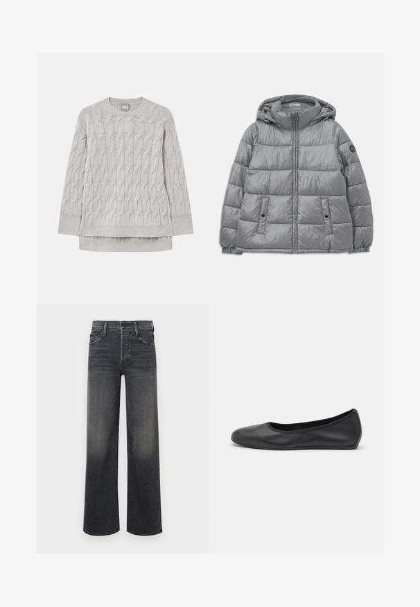 Chaqueta gris acolchada con capucha, cierre frontal con cremallera, dos bolsillos laterales, puños elásticos y un logo circular en la manga izquierda. Textura suave y brillante.; Suéter de punto trenzado gris claro con mangas largas, cuello redondo y puños y dobladillo acanalados, dispuesto en plano sobre un fondo blanco.; Jeans de pierna ancha en denim gris oscuro, con un sutil efecto desvanecido. Diseño clásico de cinco bolsillos con trabillas para el cinturón y costuras visibles.; Bailarina de piel negra con punta redondeada, textura suave, detalle de costura minimalista y diseño de suela flexible.