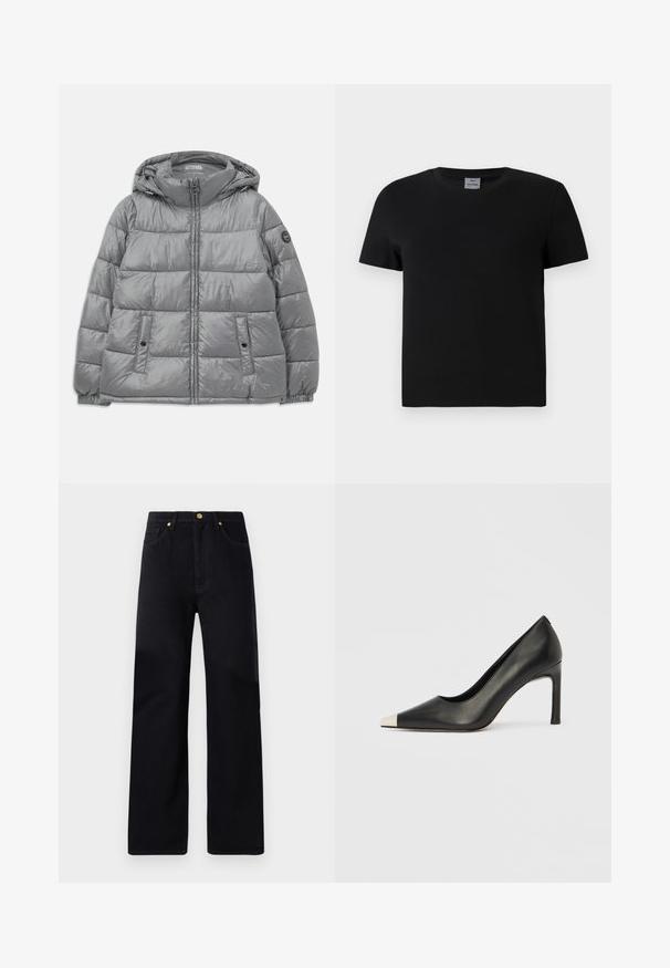 Gepolsterte graue Jacke mit Kapuze, Reißverschluss vorne, zwei seitlichen Taschen, elastischen Bündchen und einem runden Logo auf dem linken Ärmel. Glatte, glänzende Textur.; Schwarzes Baumwoll-T-Shirt mit Rundhalsausschnitt und kurzen Ärmeln. Einfaches Design, keine Muster oder Akzente, mit geradem Schnitt an der Taille.; Schwarze Denim-Hosen mit geradem Schnitt, hoher Taille, fünf Taschen, goldenen Beschlägen und dezenten Nähdetails.; Schwarzer Lederschuh mit hohem Absatz, spitz zulaufender Zehenpartie und metallischer silberner Spitze. Verfügt über eine glatte Oberfläche und einen schlanken 10 cm hohen Absatz.