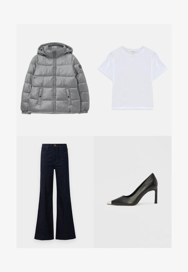 Veste grise rembourrée avec capuche, fermeture éclair à l'avant, deux poches latérales, poignets élastiques et un logo circulaire sur la manche gauche. Texture lisse et brillante.; T-shirt blanc court en coton doux, avec un col rond et des manches courtes, d'ajustement légèrement décontracté. Pas de motifs ni d'accents.; Jean flare en denim bleu foncé avec une taille haute, des poches avant et des coutures visibles. Le tissu a une texture lisse et une forme structurée.; Chaussure à talon haut en cuir noir avec bout pointu et capuchon argenté métallique. Présente une finition lisse et un talon fin de 10 cm.