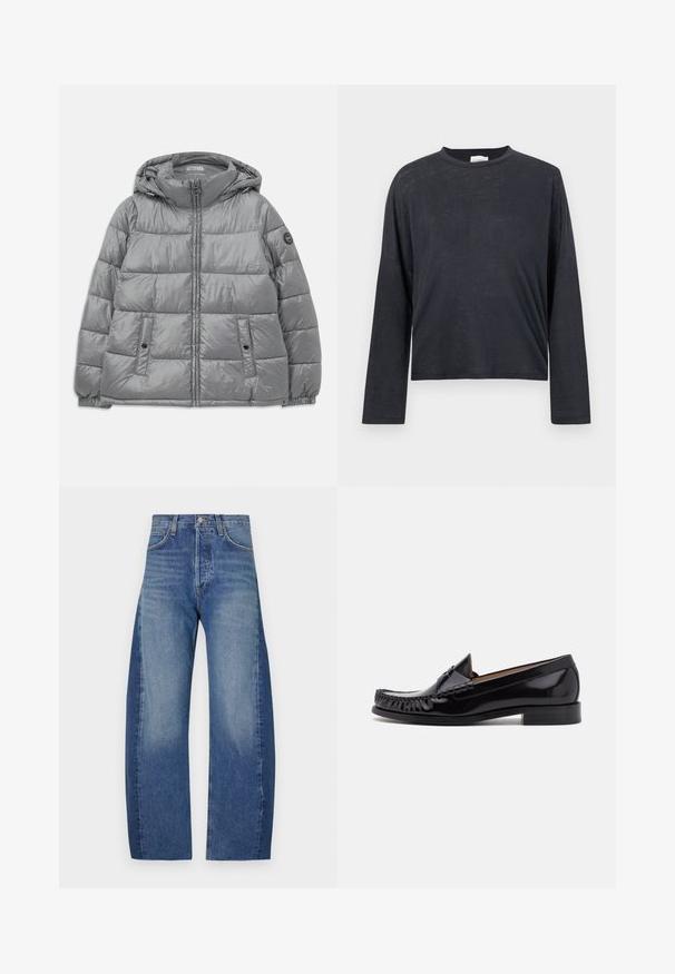 Polstret grå jakke med hætte, lynlås foran, to sidelommer, elastiske manchetter og et rundt logo på venstre ærme. Glat, skinnende overflade.; Mørkegrå, langærmet, cropped t-shirt lavet af et let, let tekstureret stof. Har en rund halsudskæring og løstsiddende pasform.; Denimjeans i en lys til mørk blå gradient, med et afslappet, bredt benfit, fem-lomme design og synlige syninger.; Sorte læder moccasin sko med en skinnende finish, der har frynsedetaljer langs fronten og en lav stabelhælk.