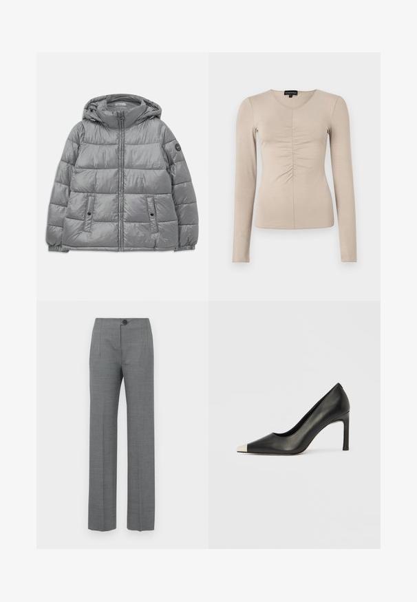 Chaqueta gris acolchada con capucha, cierre frontal con cremallera, dos bolsillos laterales, puños elásticos y un logo circular en la manga izquierda. Textura suave y brillante.; Top de manga larga y escote en v en un tejido beige claro. Presenta detalles fruncidos en el centro delantero. Textura suave y lisa.; Pantalones grises de corte recto, con cierre de botón, bolsillos laterales y una tela lisa y texturizada.; Zapato de tacón alto de cuero negro con punta en forma de pico y una tapa metálica plateada. Presenta un acabado suave y un tacón delgado de 10 cm.