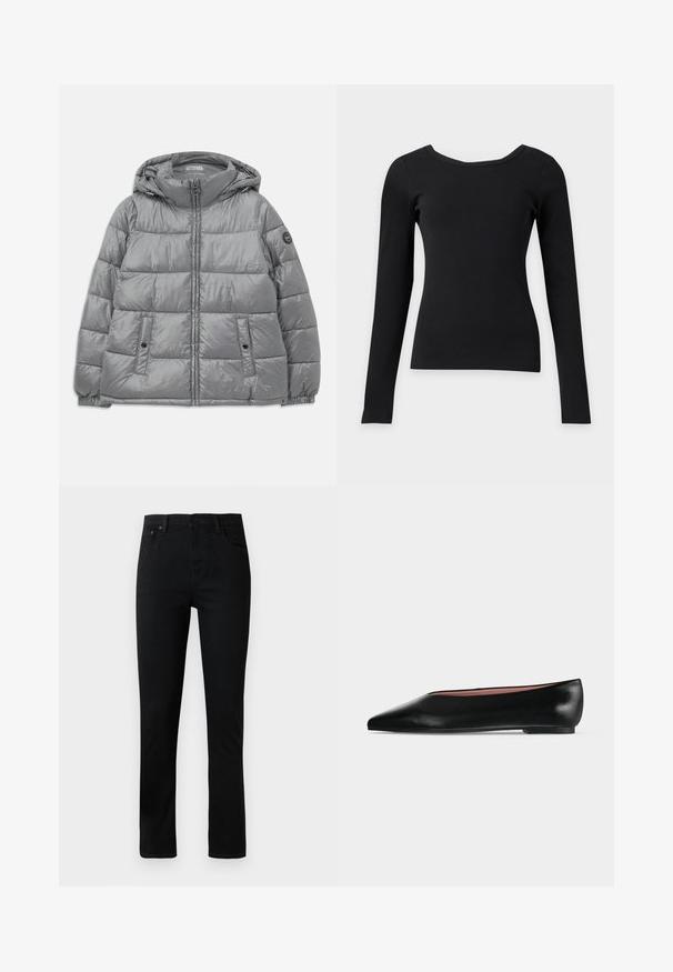 Gepolsterte graue Jacke mit Kapuze, Reißverschluss vorne, zwei seitlichen Taschen, elastischen Bündchen und einem runden Logo auf dem linken Ärmel. Glatte, glänzende Textur.; Schwarzes, eng anliegendes Langarmshirt mit weitem rundem Ausschnitt und gerippter Struktur auf schlichtem hellem Hintergrund.; Schwarze Jeans aus Denim mit geradem Schnitt, mit Knopfverschluss, fünf Taschen und dezenten Nähdetails. Glatte Textur, klassisches Design.; Schwarzer flacher Damenleder-Schuh mit spitzer Kappe und niedrigem Absatz, von der Seite auf einfarbigem hellgrauem Hintergrund gezeigt.