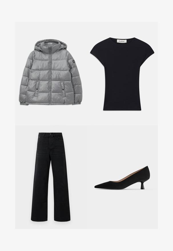 Gepolsterte graue Jacke mit Kapuze, Reißverschluss vorne, zwei seitlichen Taschen, elastischen Bündchen und einem runden Logo auf dem linken Ärmel. Glatte, glänzende Textur.; Schwarzes Kurzarmoberteil aus weichem Stoff, mit einem runden Ausschnitt und einer figurbetonten Form, die subtile Schulterakzente setzt. Etikett sichtbar.; Schwarze High-Waist-Jeans mit weit geschnittenem Bein, vorderem Knopf, Reißverschluss, Gürtelschlaufen und klassischem Fünf-Taschen-Stil.; Schwarzer Damenpumps mit niedrigem Absatz, spitzer Schuhspitze, schlankem, ausgestelltem Kittenabsatz und glatter matter Oberfläche, seitlich gezeigt.