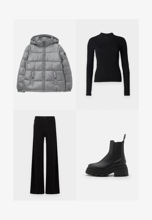 Veste grise rembourrée avec capuche, fermeture éclair à l'avant, deux poches latérales, poignets élastiques et un logo circulaire sur la manche gauche. Texture lisse et brillante.; Top noir à manches longues avec une coupe ajustée, en tissu texturé, et un col montant. Dispose d'une fermeture éclair dissimulée dans le dos.; Pantalon noir à jambes larges en denim, avec une taille haute, des poches avant et une fermeture simple par bouton métallique.; Bottines Chelsea noires en cuir lisse avec des panneaux latéraux élastiques, une semelle en caoutchouc épaisse et nervurée, et une languette à l'arrière.