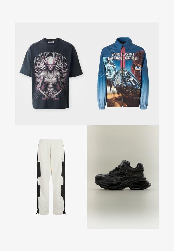 Chaqueta azul de tipo zip-up con un tema cósmico que presenta planetas y montañas. Puños elásticos, texto en negrita y elementos de diseño vibrantes.; Camiseta gráfica negra de algodón, con un gran diseño en rosa y blanco de una figura humanoide con detalles intrincados y el texto "VERTERE."; Pantalones cargo blancos con paneles laterales negros, cinturilla elástica y bolsillos cargo. Presenta dobladillos ajustables y logo de FUBU en la pierna izquierda.; Zapatilla deportiva negra y gruesa con diseño texturizado, suela gruesa y cierre de cordones mostrada sobre un fondo neutro y sencillo.